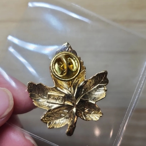 Vintage Hand Painted Enamel on Gold Tone Maple Leaf Brooch Pin Marked “KC” - Picture 3 of 4